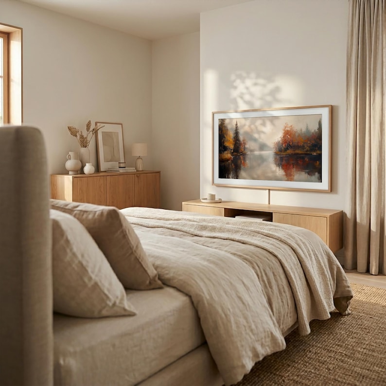 May include: A bedroom scene featuring a large, framed landscape painting above a wooden console. The bed is covered with a beige comforter and pillows. The room has neutral tones, with a rug and curtains. A wooden cabinet and lamp are also visible.