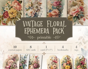 May include: A vintage floral ephemera pack featuring 10 journal papers, 8 ATC cards, 1 card measuring 5 by 7 inches, 4 bookmarks, and 4 tags. The collection displays various watercolor-style bouquets with roses and wildflowers in muted tones.