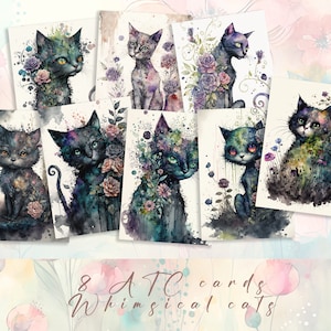 Cats Printable Atc Cards, Floral Artist Trading Cards, Whimsical Journal Pages, Scrapbooking, Journaling