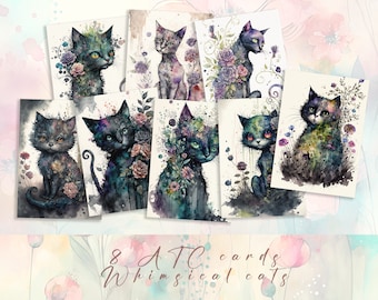 Floral Cats ATC Cards: Whimsical Printable Artist Trading Cards (Digital Download)