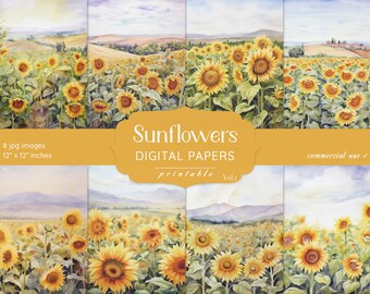 May include: A set of eight digital papers featuring watercolor illustrations of sunflowers in a field. The papers are 12 inches by 12 inches and are for commercial use.