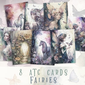 Cartes ATC fée, art fantastique à imprimer, album de scrapbooking licorne, éphémères fées, carnets de cartes, éphémères de scrapbooking, carnet féerique
