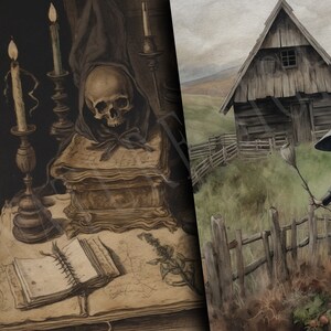 May include: A dark, moody illustration depicting a skull on a stack of old books with candles and a journal on a table. The second image shows a witch in a long black dress and pointed hat standing in front of a wooden cottage with a fence.
