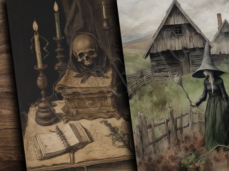 May include: A dark, moody illustration depicting a skull on a stack of old books with candles and a journal on a table. The second image shows a witch in a long black dress and pointed hat standing in front of a wooden cottage with a fence.