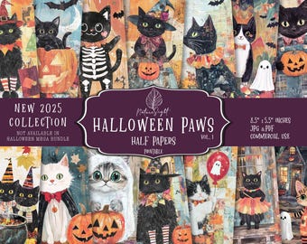 May include: A collage of Halloween-themed cat illustrations. The cats are dressed in costumes, including skeletons, witches, and vampires, with pumpkins and other spooky elements. The text reads "Halloween Paws" and "New 2025 Collection".