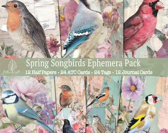 Spring Songbirds Ephemera Pack, Vintage Journal Papers, Printable Tags, Digital Download