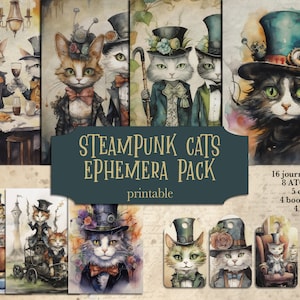 Steampunk Cats Junk Journal, kortstondige katten, afdrukbare pagina's steampunk, collagevellen, plakboek, journaling, kortstondige, bladwijzers, kaarten