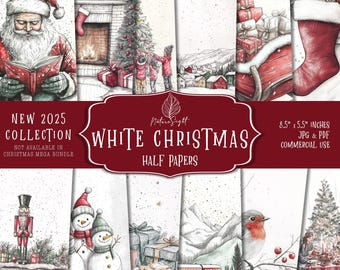 White Christmas Half Papers: Printable Junk Journal Pages (Digital Download)