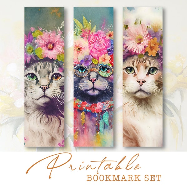 Printable Cat Bookmarks Floral Ephemera Cats Digital Tags Flowers Scrapbook Kit Junk Journal Scrapbooking Supplies Boho Collage Sheets