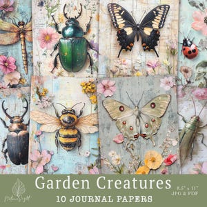 Documenti per diario Garden Creatures, pagine stampabili di insetti botanici d'epoca (download digitale)