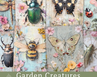 Garden Creatures Journal Papers, Vintage Botanical Insects Printable Pages (Digital Download)