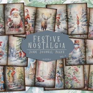 Kerstdagboekpagina, feestelijke plakboekpagina's, ephemera kerstman, vakantiecollagevel, benodigdheden voor ongewenste dagboeken, kerstscrapbooking