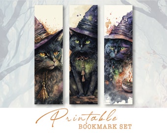 Witchy Black Cat Bookmarks: Watercolor Ephemera (Digital Download)