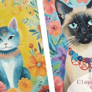 May include: Two colourful paintings of cats with floral backgrounds. The cat on the left is blue with a white chest and a colourful necklace. The cat on the right is a Siamese cat with a red and blue beaded necklace. Both cats are surrounded by flowers in shades of pink, orange, yellow, and purple.