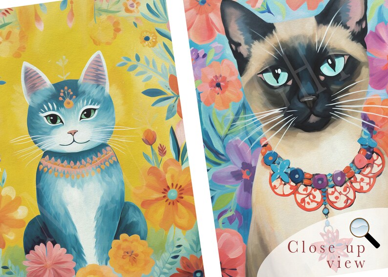May include: Two colourful paintings of cats with floral backgrounds. The cat on the left is blue with a white chest and a colourful necklace. The cat on the right is a Siamese cat with a red and blue beaded necklace. Both cats are surrounded by flowers in shades of pink, orange, yellow, and purple.