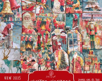 Op de afbeelding: Een collage van kerst-thema ephemera, waaronder tags en journal cards. De ontwerpen tonen de kerstman, sneeuwmannen, rendieren en kerstbomen. De tekst luidt "Winter Wonders Ephemera Pack #2" en "New 2025 Collection."