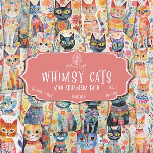 Whimsical Cats ATC | Printable Cat Tags | Scrapbook Ephemera | Junk Journal Kit | Watercolor Cats | Craft Supplies |  Digital Download