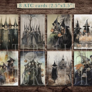 May include: Set of eight 2.5" x 3.5" ATC cards featuring watercolor illustrations of witches in various scenes. The cards depict witches in a forest, with pumpkins, and around a cauldron.
