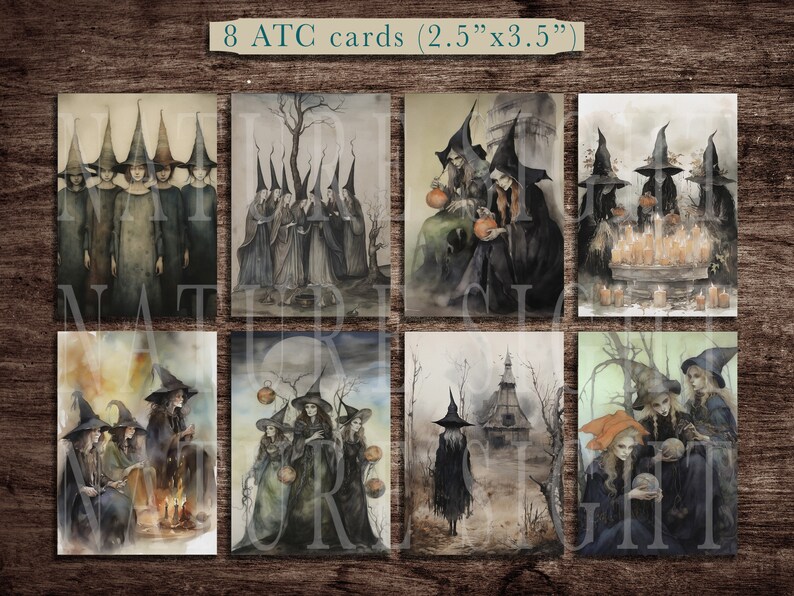 May include: Set of eight 2.5" x 3.5" ATC cards featuring watercolor illustrations of witches in various scenes. The cards depict witches in a forest, with pumpkins, and around a cauldron.
