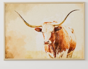 Texas Longhorn Art Print: Watercolor Farmhouse Decor (Digital Download)