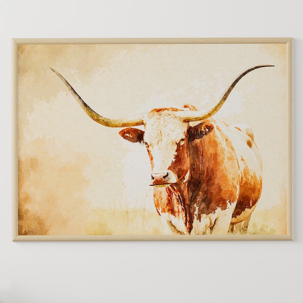 Texas Longhorn Art Print, Western Printable Wall Decor, Farmhouse Home Decor, Country Digital Print, Longhorn Cow