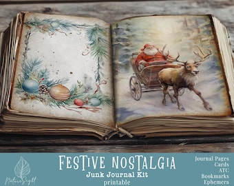 フェスティバルノスタルジアジャンクジャーナルキット、クリスマス印刷ジャーナル、クリスマススクラップブッキング、ブックマーク、ATC、エフェメラ、スクラップブック、ページ、ペーパー