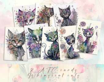 Whimsical Cats Printable Ephemera, Floral Atc Cards, Cat Aceo, Junk Journal Supplies, Digital Download, Scrapbooking