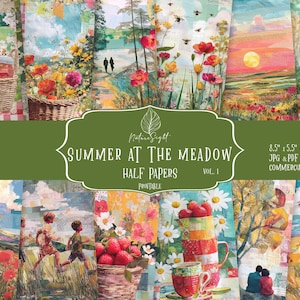 Summer Scrapbook Kit | Printable Half Papers | Rustic Wildflower Junk Journal Kit | Country Picnic Collage Sheets | Digital Download