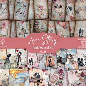 Valentine&#39;s Day Junk Journal Kit | Romantic Collage Pages | Vintage Ephemera | Love Scrapbook Supplies | Heart Journal Digital Download