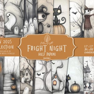 Puede incluir: Una colección de papeles a la mitad imprimibles con temática de Halloween. Las ilustraciones presentan casas espeluznantes, fantasmas, gatos negros, espantapájaros y calabazas. El texto de la imagen dice "FRIGHT NIGHT HALF PAPERS" y "NEW 2025 COLLECTION". Los papeles miden 21,6 x 14 cm.