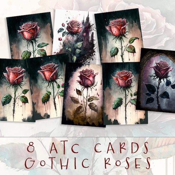 Dark Academia Atc Cards, Gothic Roses Ephemera, Gothic Junk Journal Supplies, Vintage Watercolor Art