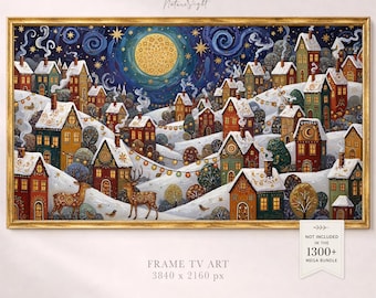 Winter Village Painting Frame TV Art: Whimsical Christmas Snow Town Night Sky (Digital Download)
