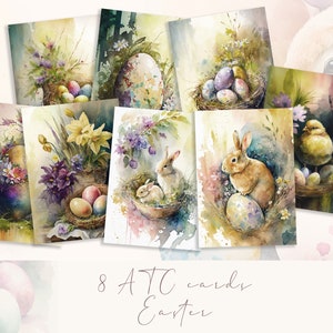 Cartões ATC de Páscoa, Arte de Diário de Primavera, Cartões de Coelhinhos para Imprimir, Ovos de Páscoa Efêmeras, Coelhos de Aquarela, Suprimentos de Diário de Lixo, Álbum de Recortes
