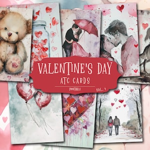 Tarjetas ATC para el día de San Valentín para imprimir, efímeras románticas para diario basura, tarjetas de álbum de recortes de amor, hojas de collage de corazones, imprimibles en papel de amor