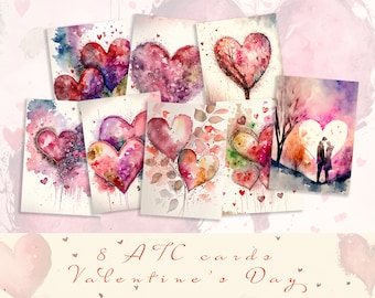 Valentine's Day Heart ATC Cards: Watercolor Collage (Digital Download)