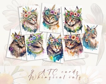 Whimsical Cats Ephemera – Floral ATC Cards for Junk Journal (Digital Download)