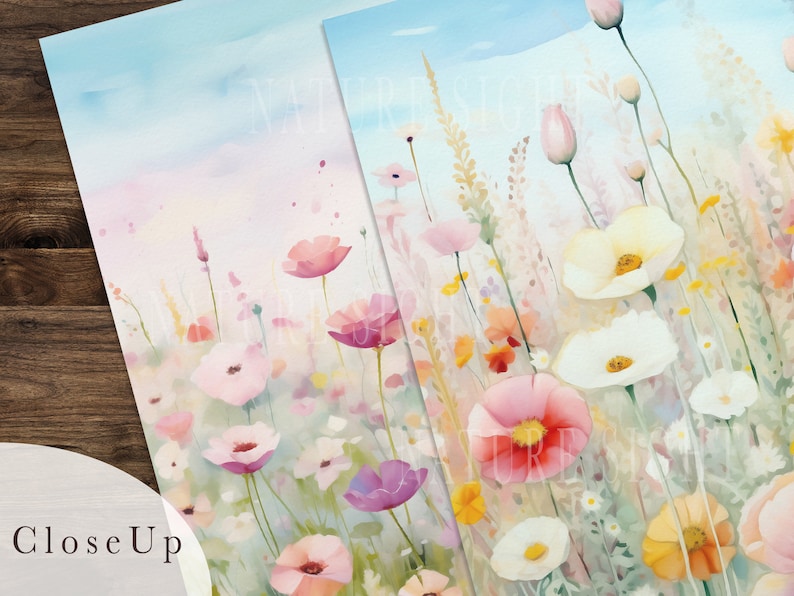 May include: A watercolor painting of a field of wildflowers in shades of pink, white, and yellow. The flowers are arranged in a loose, natural pattern, and the background is a soft blue sky.