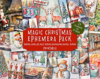 Op de afbeelding: Een verzameling printbare kerst-ephemera met aquarelillustraties van de Kerstman, sneeuwpoppen, rendieren, notenkrakers en versierde bomen. Een rood centraal label toont de tekst Magic Christmas Ephemera Pack 59 elements on 37 pages.
