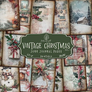 May include: Vintage Christmas Junk Journal Pages Vol. 1 - 12 printable pages featuring a variety of vintage Christmas designs, including snowmen, ornaments, and winter scenes.  8.5 x 11 inches.