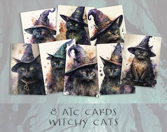 魔女っぽい黒猫のATCカード：ハロウィンスクラップブッキング（デジタルダウンロード）