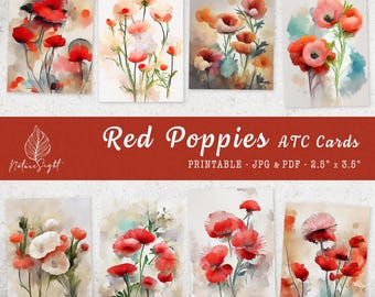 Red Poppy ATC Cards Junk Journal Kit: Floral Botanical Scrapbook Printable (Digital Download)