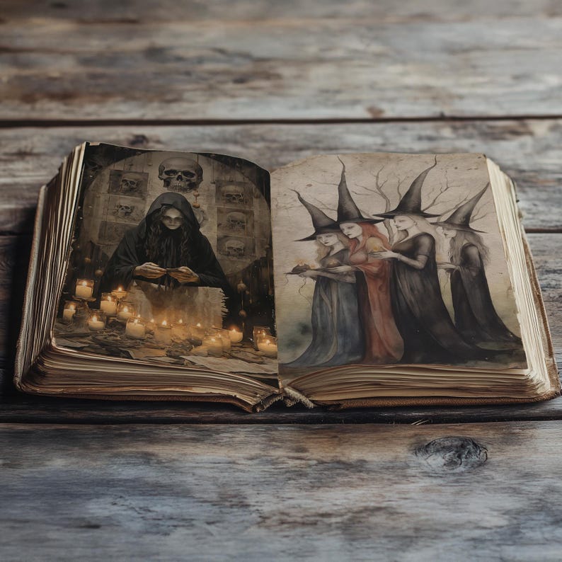 Pu&ograve; includere: Un libro aperto con due illustrazioni. La pagina sinistra mostra una donna con una tunica nera con cappuccio che tiene un libro, circondata da candele. La pagina destra mostra quattro donne con tuniche nere lunghe e cappelli a punta, che tengono un teschio.