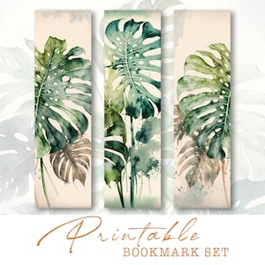 Monstera Leaves Printable Bookmarks, Botanical Bookmarks Set, Tropical Leaf Bookmarks, Watercolor Bookmark
