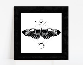 May include: Black and white illustration of a butterfly with a skull head, surrounded by a geometric pattern of circles and lines.