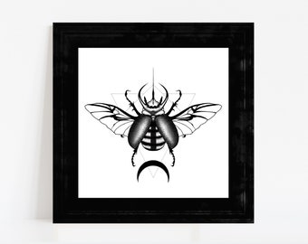 May include: Black and white line art print of a beetle with wings spread, inside a triangle with a crescent moon below. The print is framed in a black frame.