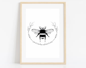 Bee Art Print: Botanical Wreath, Insect Wall Decor (Digital Download)
