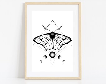 May include: Black and white line art print of a moth with geometric shapes and moon phases. The moth is centered in the image and has detailed wings. The geometric shapes are a triangle and a diamond. The moon phases are in a crescent shape.