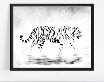 Tiger Art Print: Black and White Animal Decor (Instant Download)