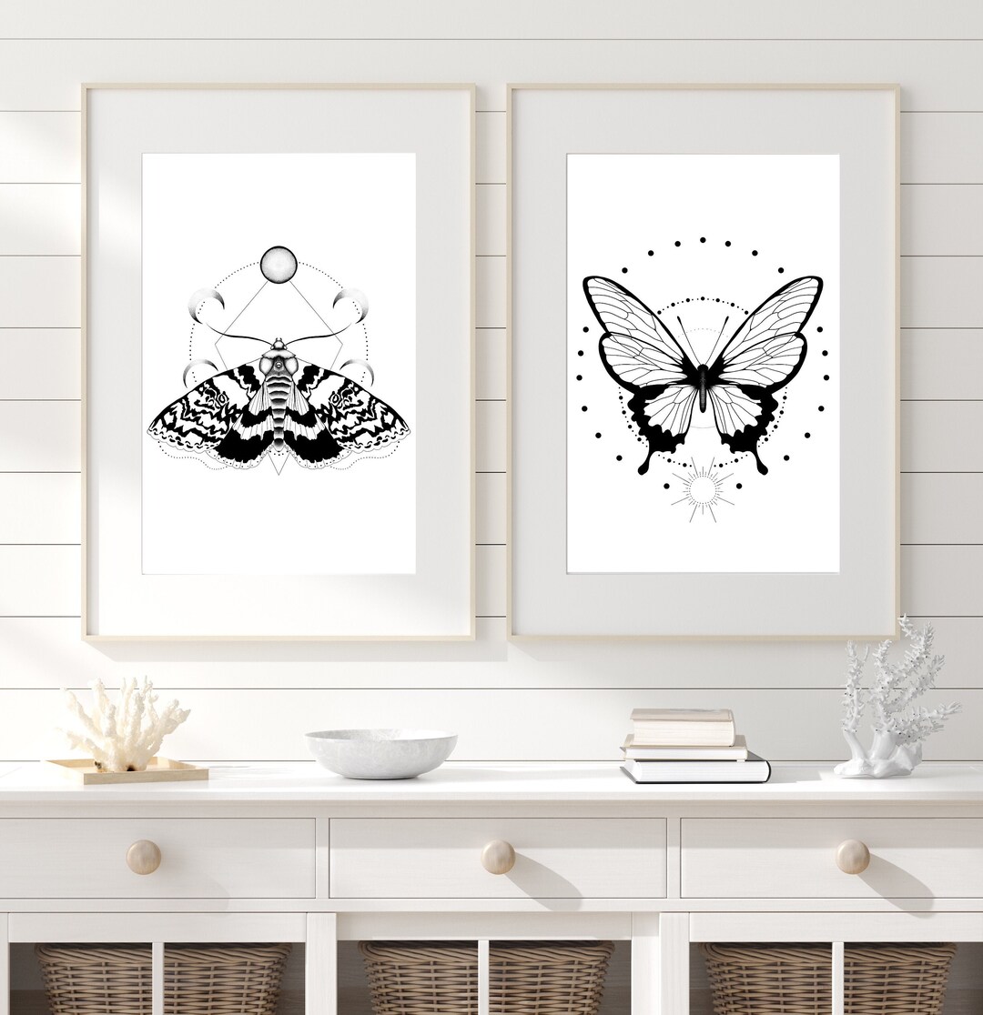 Moth Art Print Butterfly Art Print Sun and Moon Set of 2 Prints ...