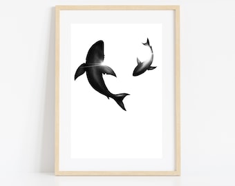 Shark Art Print - Ocean Decor - Arte de pared imprimible - Descarga instantánea - Gran tiburón blanco - arte oceánico imprimible